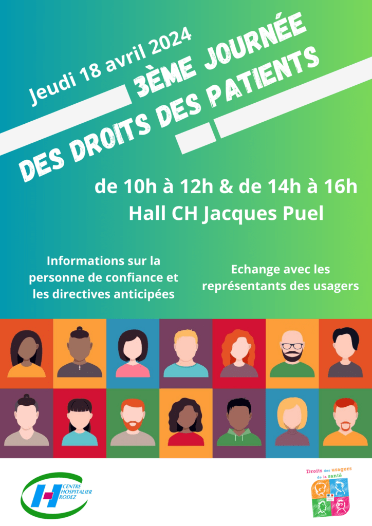 Affiche de la journée des droits des patients. Le contenu est identique à celui de cette page, écrit en blanc sur un fond dégradé de vert.
